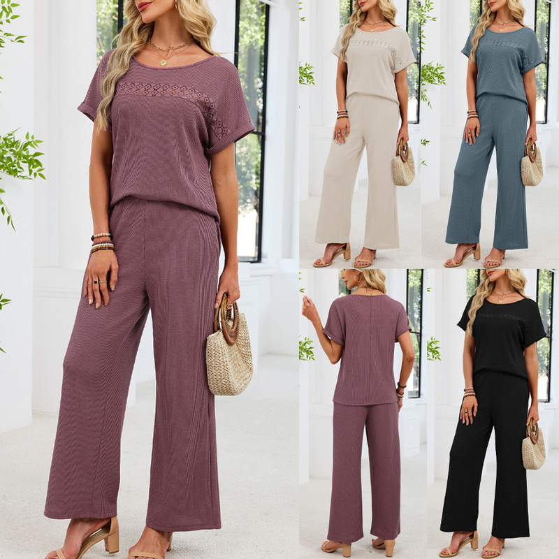 2026 European and American Cross-Border Export Spring and Summer New Women's Pure Color Round Neck Lace Short-Sleeved Pants Casual Suit
