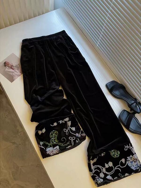 柜上品质25秋季高级感国风长裤 脚口重工刺绣珠片宽松阔腿丝绒裤|undefined