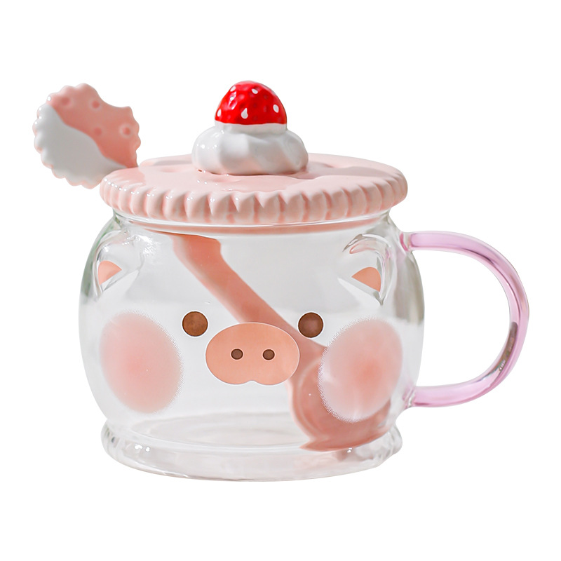 Creativo lindo alto borosilicato vidrio taza rosa corazón de la chica regalar taza de agua con cuchara de cerdo taza de gato