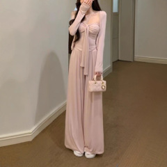 温柔风套装粉色吊带开衫阔腿裤包臀半身裙慵懒宽松粉色长袖防晒开