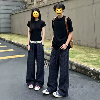 秋季时尚休闲裤美式慵懒风宽松格子长裤男女同款垂感阔腿直筒裤子