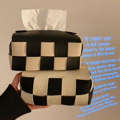 ins風創意網紅棋盤格紙巾盒客廳餐桌車載diy簡約編織皮革抽紙盒