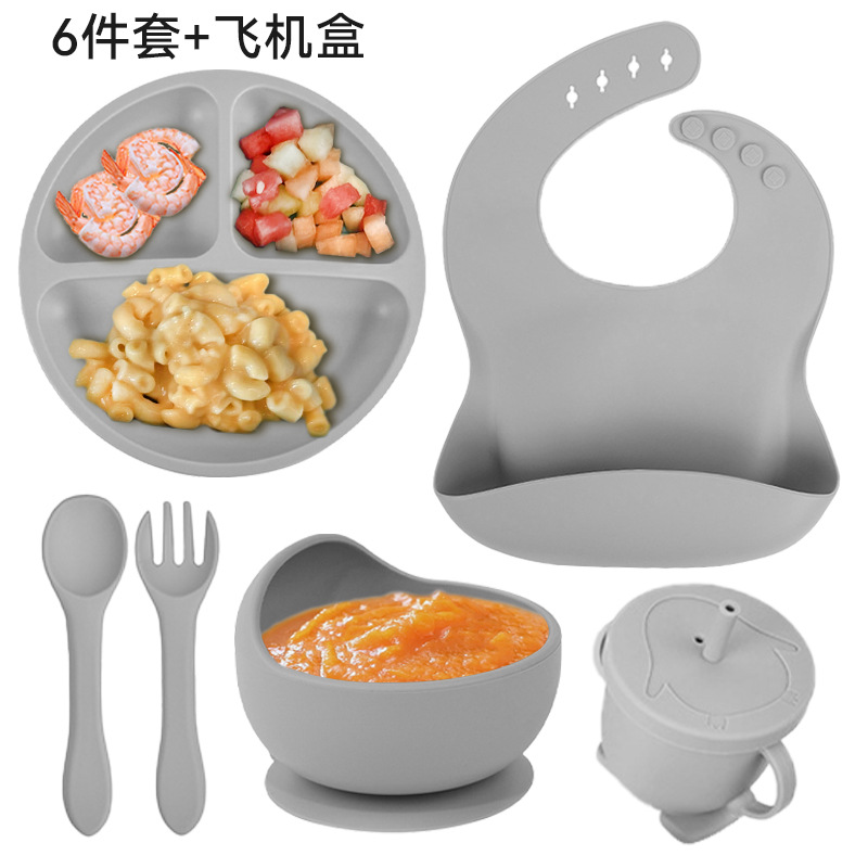 Gris ahumado juego de seis piezas (590g) babero pequeño ventosa tazón silicona tenedor cuchara