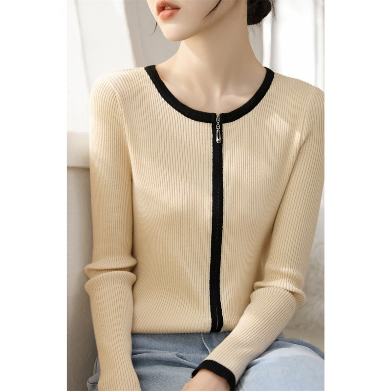 2025 nuevo diseño transfronterizo de cremallera de cuello redondo chaqueta de punto de camisa corta de mujer color corto cardigan de manga larga suéter