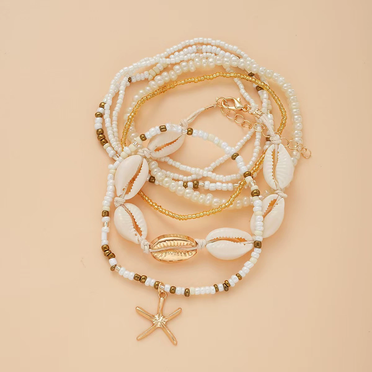 Ankle bracelet set, handmade pearl and shell, beach boho, white