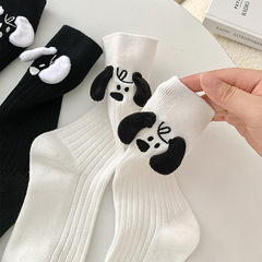 3D plush sock for girls, spring and summer series, black and white, with ears, small dog, mid-calf length, vertical stripes, versatile, stackable socks for women