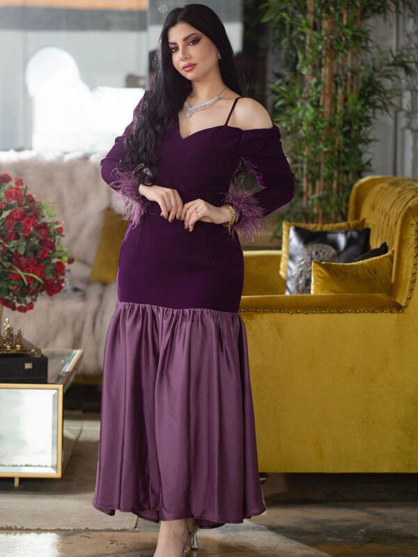 2023 Spring and Summer Cross-Border Export Middle Eastern Women's Clothing Independent Station Ebay Sexy Splicing Feather Large Ball Evening Dress