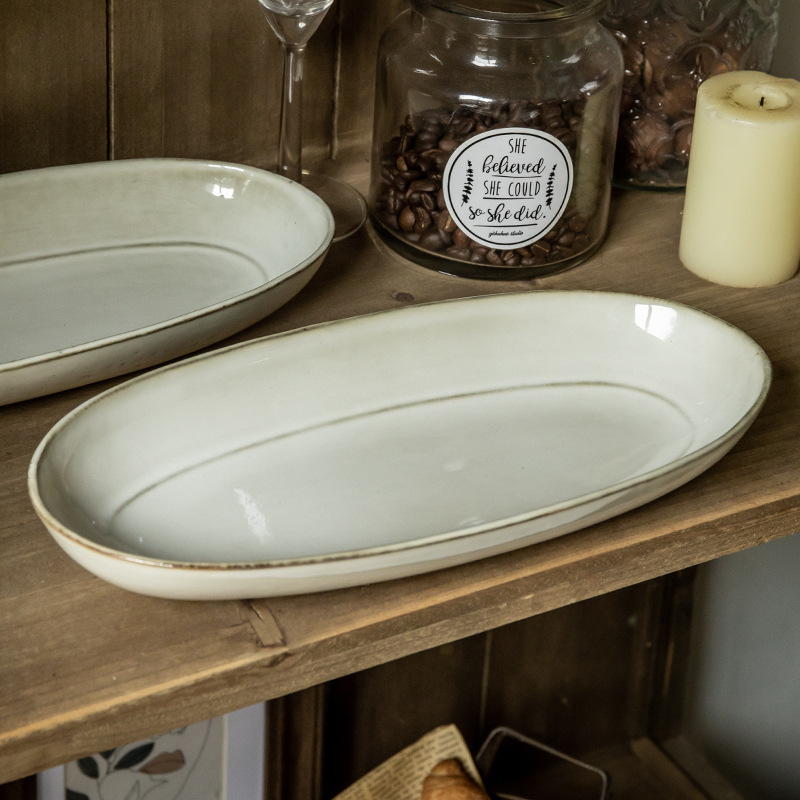 Placa de pescado vintage retro 11 pulgadas horno elíptico placa de pescado al vapor placa de cerámica doméstica placa de material diario exportación transfronteriza