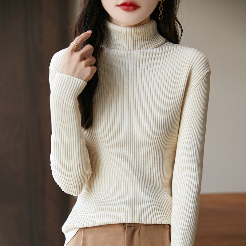 Solid Color Cotton High Lapel Drawstring Knitted Backing Shirt Pilling Women's Autumn and Winter Slim Elegant Cotton Sweater