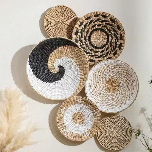 Juego de cesta de pared bohemia, decoración de paja tejida a mano para entrada, sala de estar y B&B, adornos colgantes