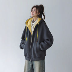 美式秋冬宽松外套女2025新款流行百搭拼色连帽开衫卫衣加厚A6461