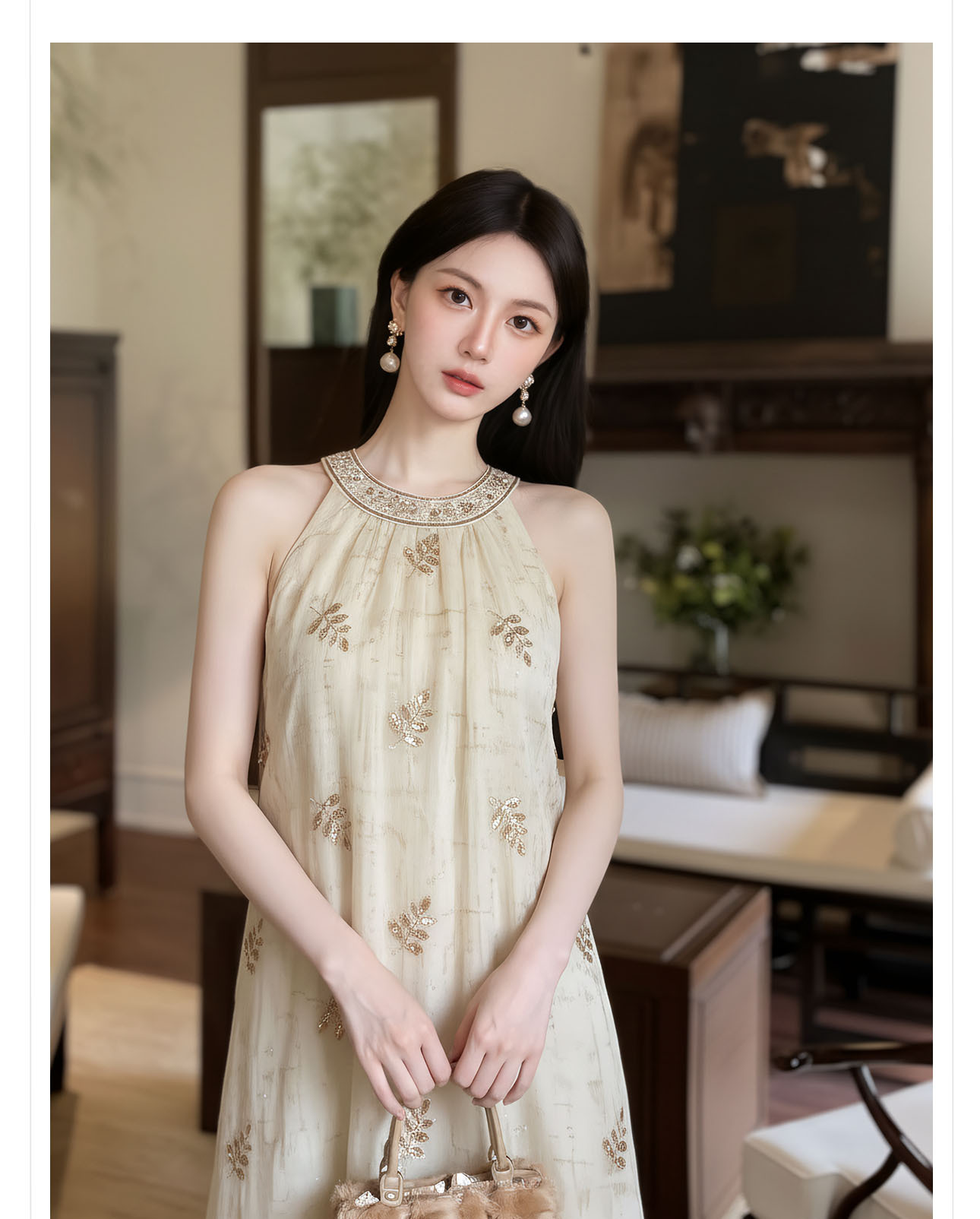 Bộ váy đầm maxi thắt eo phong cách tân cổ điển thêu hoa kết cườm — bộ đồ, váy liền, áo khoác chi tiết 8