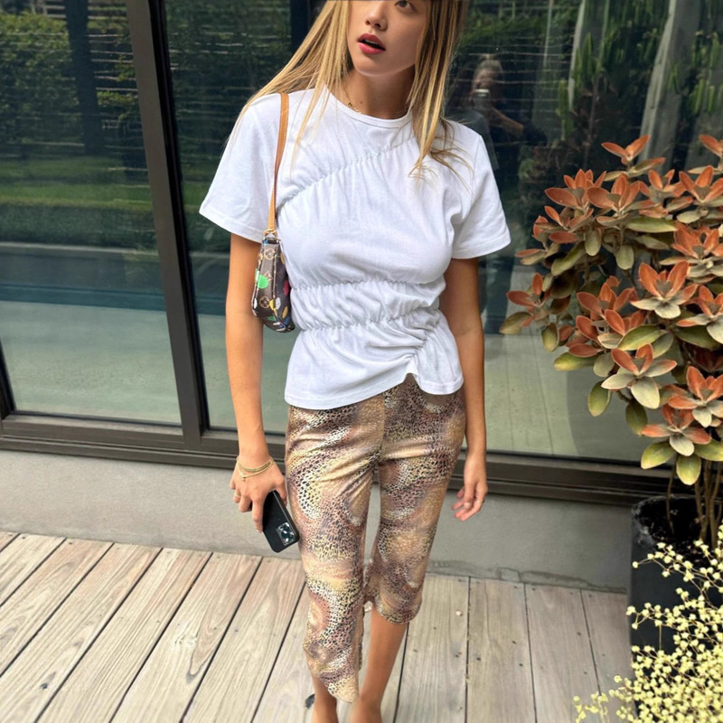 Personalized European and American New Round Neck Casual Pure Color Short-Sleeved Comfortable Elastic Pleated Women's T-Shirt