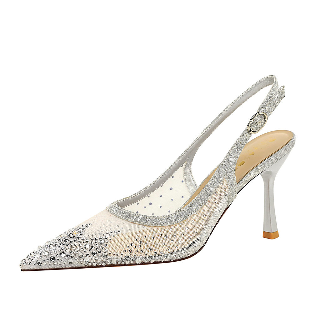 8088-15 European and American pointed mesh, rhinestone, fine heeled sandals for women, with a back empty, straight strap and toe cover, banquet high-heeled shoes for women