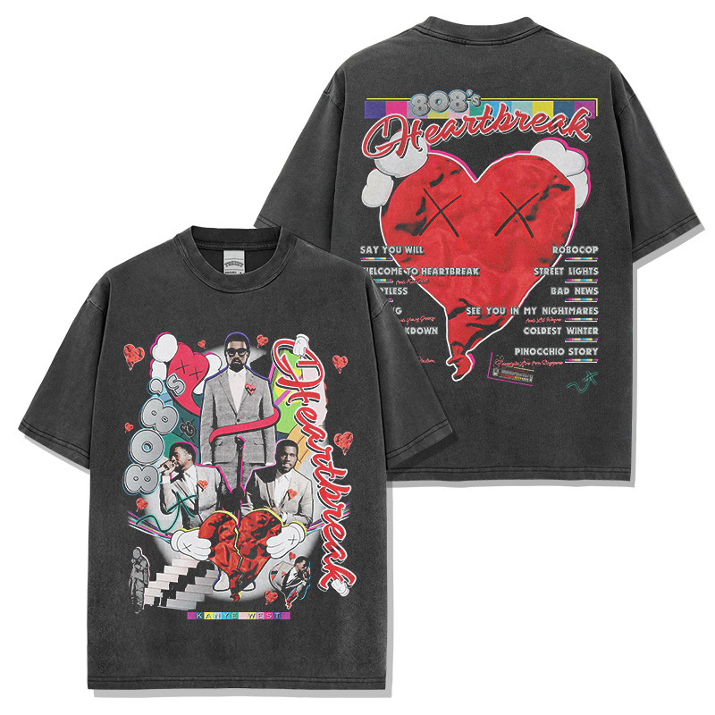Cross-Border Retro Hip-Hop Style Kanye West Double-Sided Printed Short-Sleeve Vintage Washed Streetwear Versatile Trendy T-Shirt