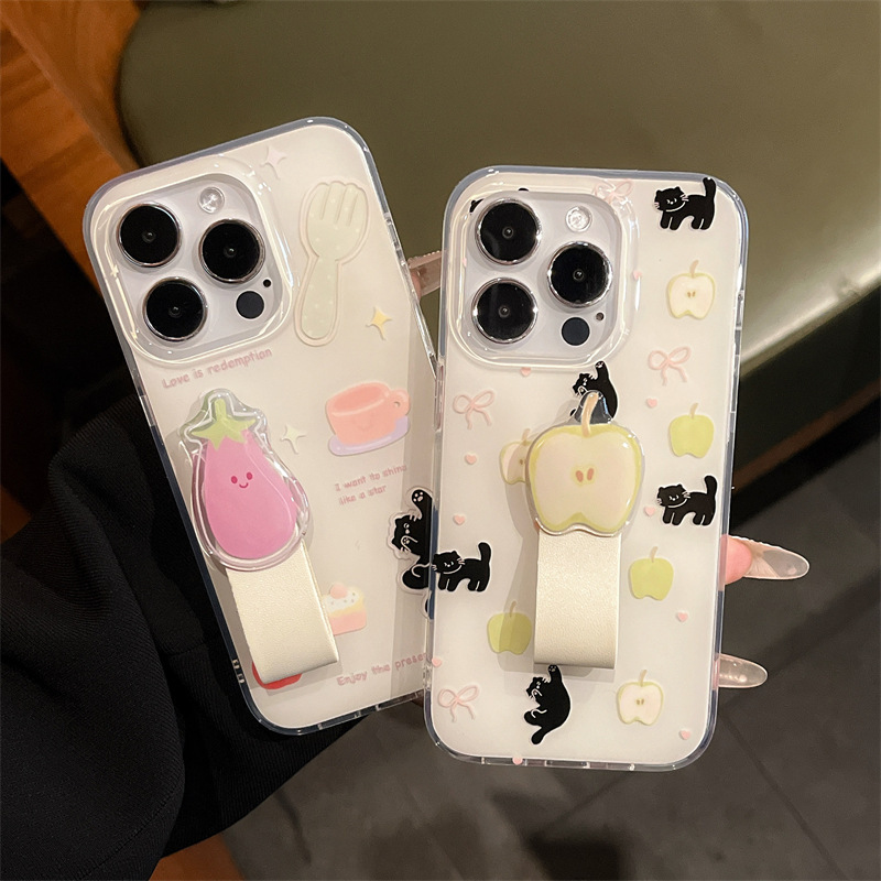 Ins lindo gato iPhone13 manzana berenjena anillo hebilla 14ProMax para Apple 15P funda para teléfono móvil 12