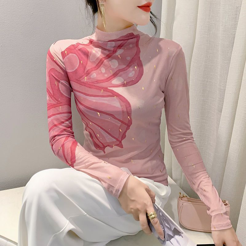 Şık ZarafetŞık ZarafetŞık ZarafetŞık Moda Avrupa Tarzı Baskılı İç Katman 2025 Yeni Trend Yüksek Yakalı File Üst Slim Fit Uzun Kollu Kadın Tişörtü_voghion.com