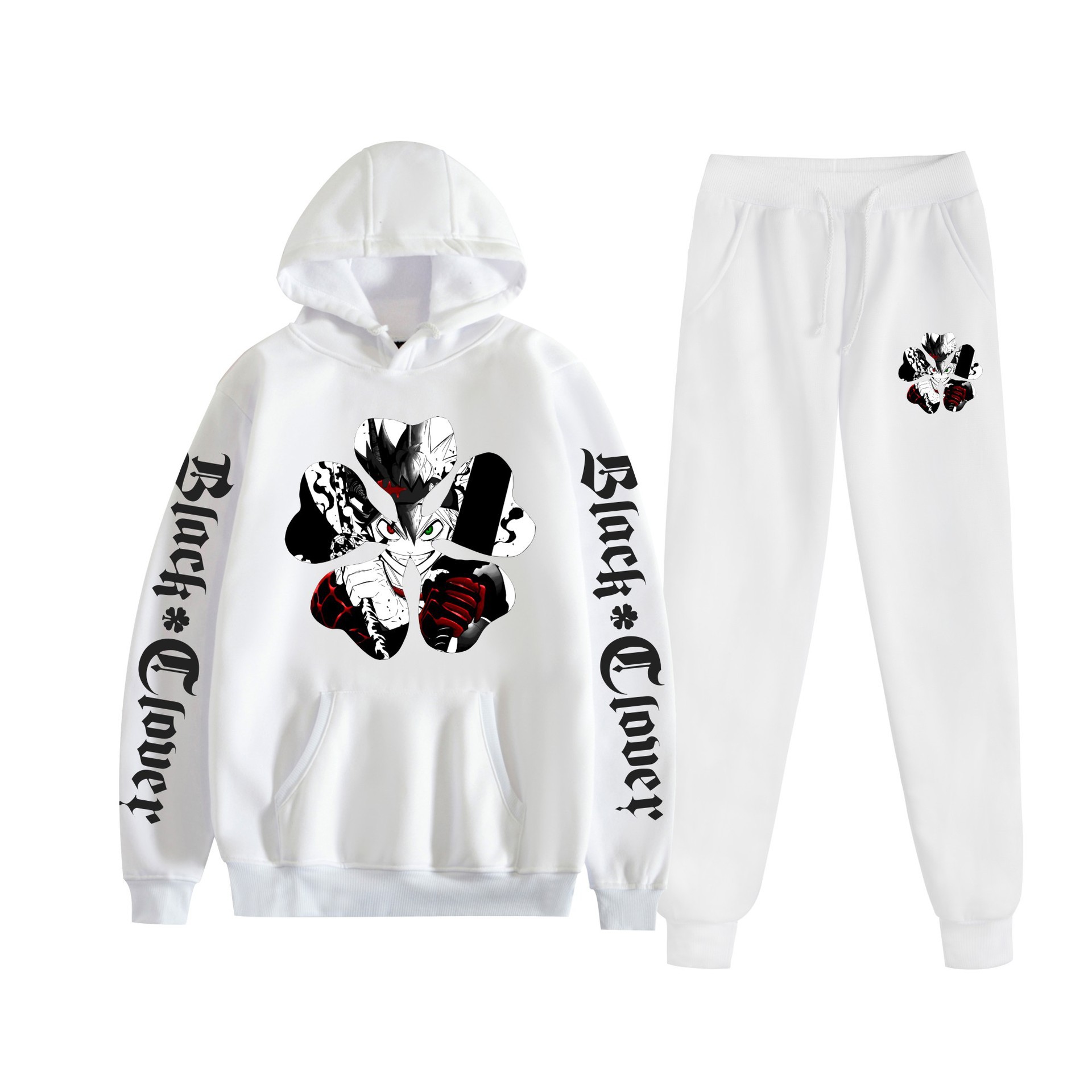 Trébol de cuatro hojas negro nuevo estilo transfronterizo Black Clover pareja suéter con capucha hombres y mujeres pantalones de dos piezas