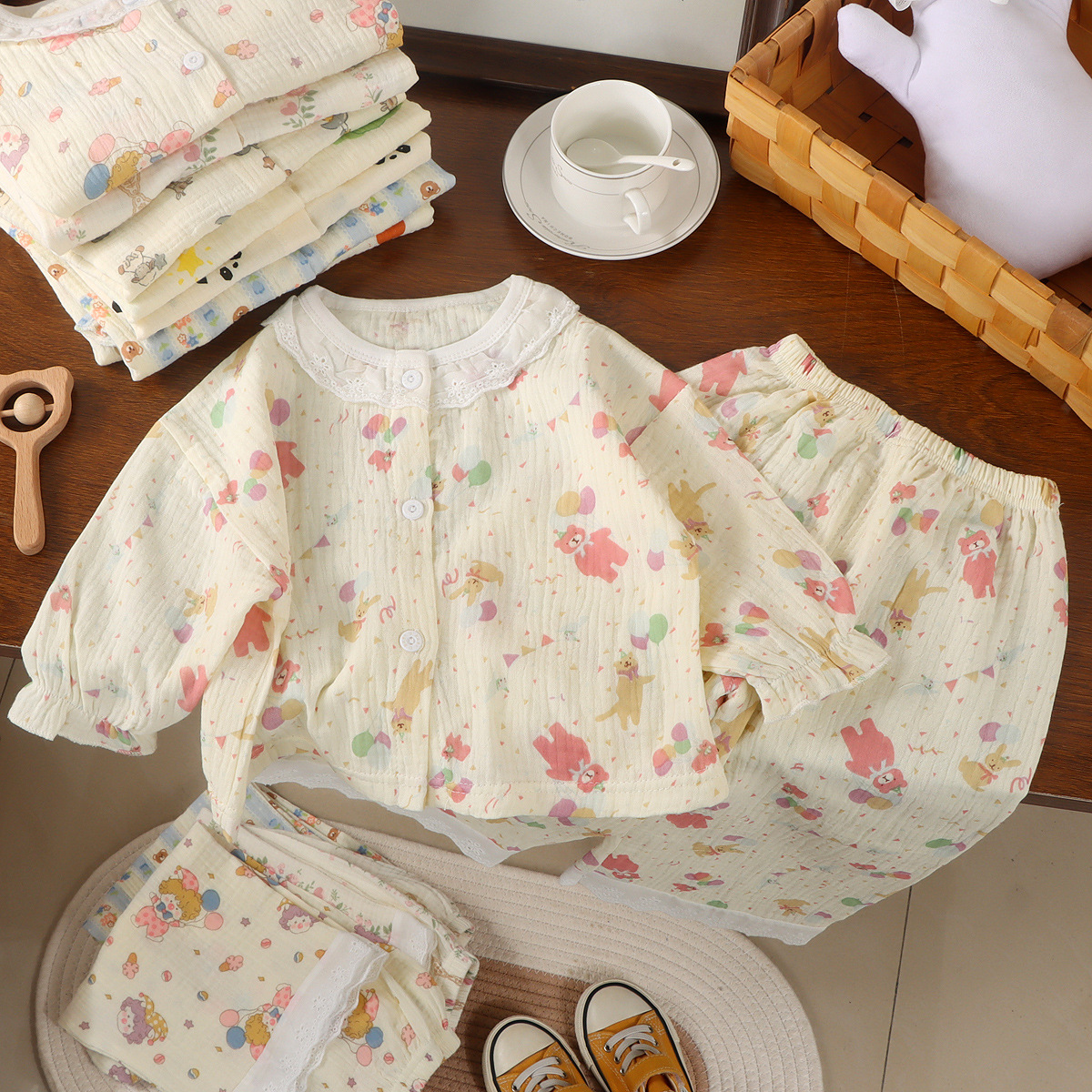 Girls Pure Cotton Cardigan Pajamas Kidsren's Nine-Quarter Sleeve Home Clothes Thin Baby Double-Layer Cotton Gauze Air-Conditioned Clothes Set