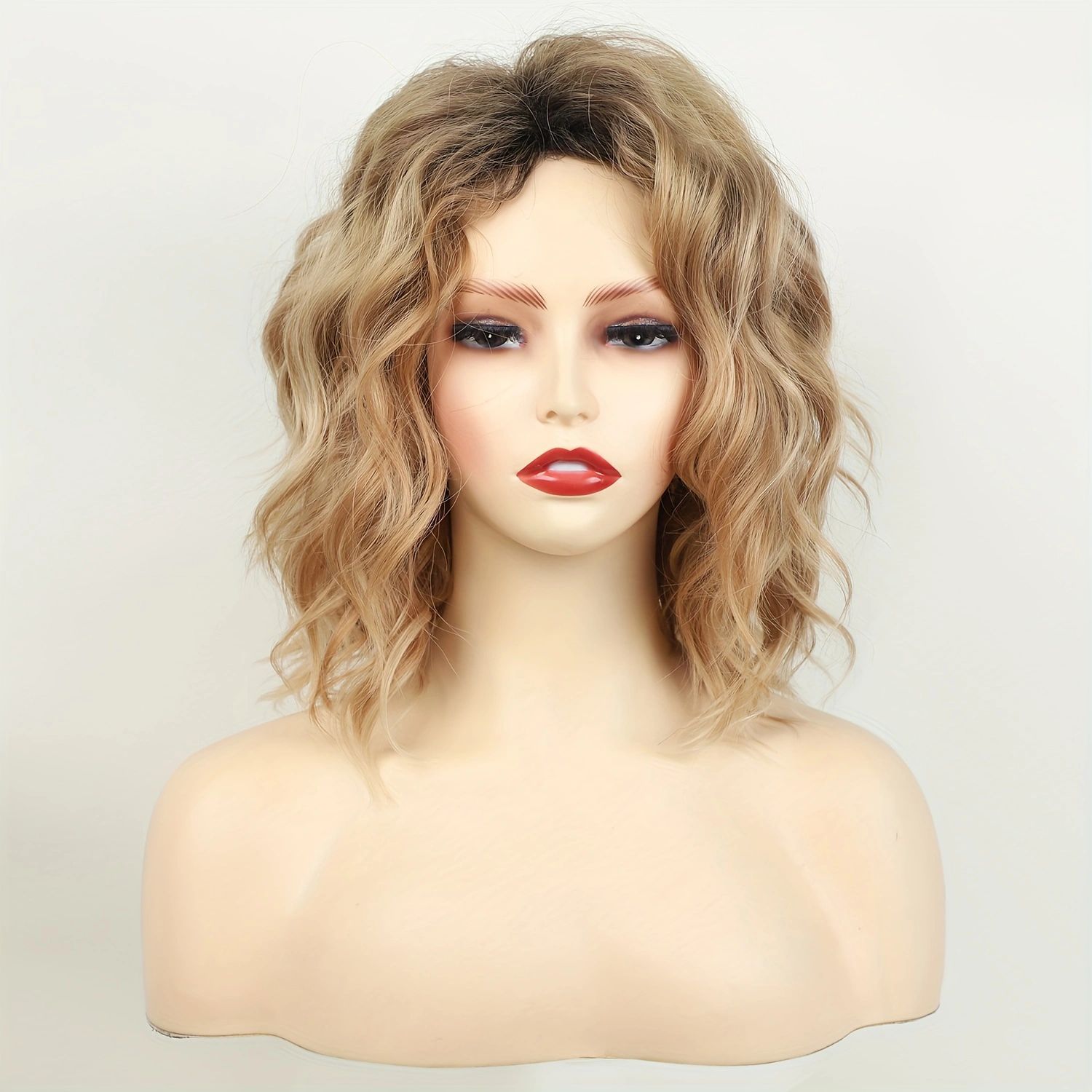 Short Curly Synthetic Wig With Gradient Gold Roots Body Wave_voghion.com
