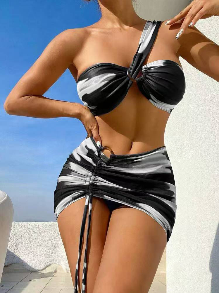 140g Weight Sleeveless Sleeve Length Polyester Fabric Type 3 Pieces Set Quantity Swimming Occasion One Shoulder Neckline Skinny Fit Type Colorful Pattern Women's Gender Sexy Style Women's Sexy Colorful 3 Pieces Set Bikinis Swimwear 9