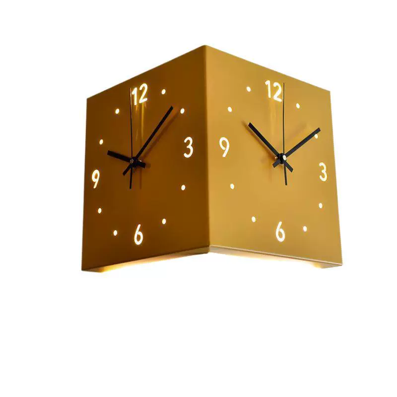 Corner Double-Sided Wall Clock, Two-Face Silent Design, LED Induction Options, Multi-Color