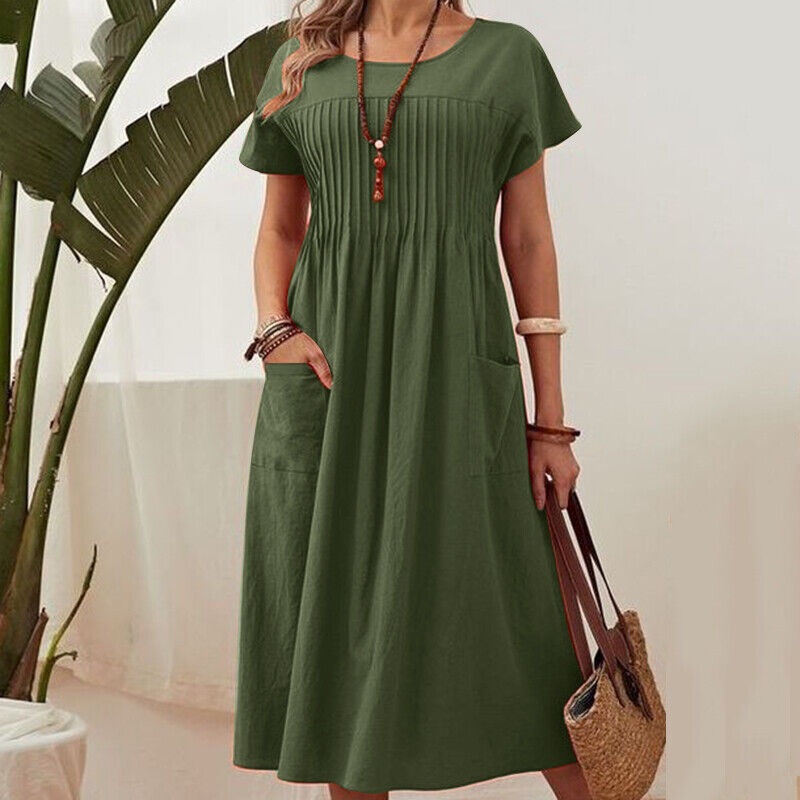 Women's Long Skirt Solid Color Round Neck Pocket Detail Cotton Linen Blend Dress_ecoleips.com