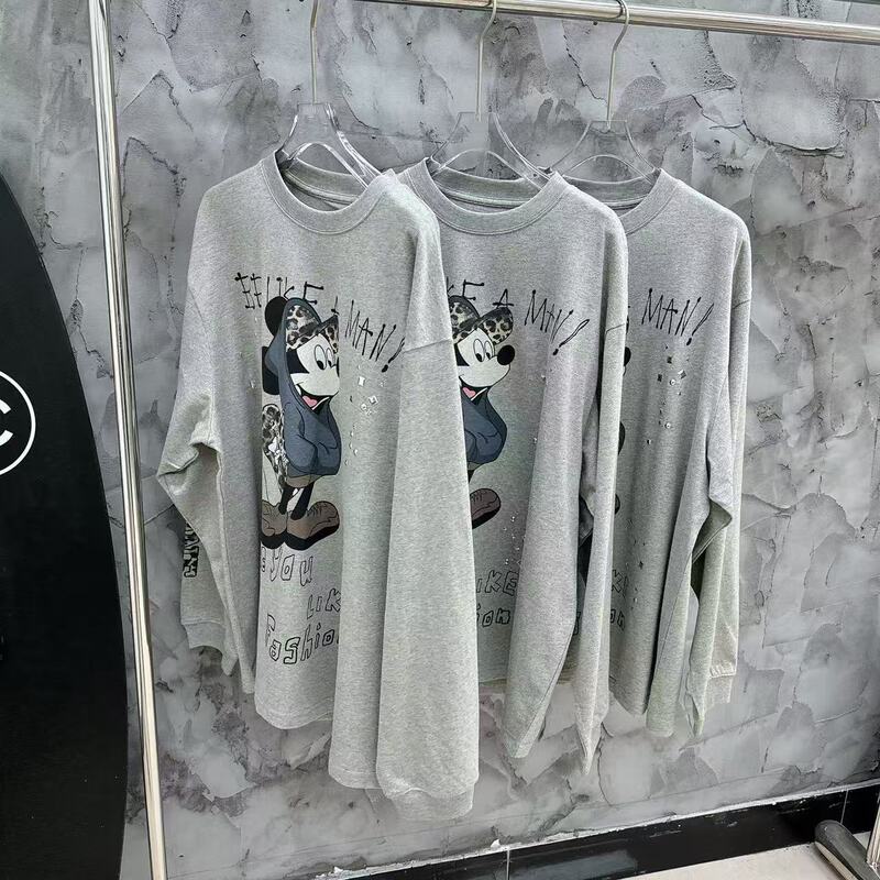 2025 Autumn Versatile Cartoon Mickey Mouse Print Beaded Design Long Sleeve T-Shirt Loose Slimming Casual Women's Long Sleeve T-Shirt