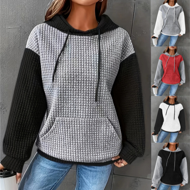 2024 Spring Autumn Winter Europe and America Amazon TEMU Casual Loose Sports Long Sleeve Contrast Color Pocket Hooded Sweatshirt Women's Clothing