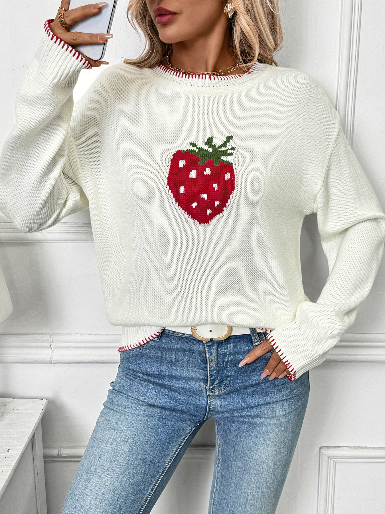 Women's Strawberry Jacquard Knit Sweater - Soft Acrylic Pullover With Loose Fit, Round Neck, Long Sleeves For Casual Comfort_voghion.com