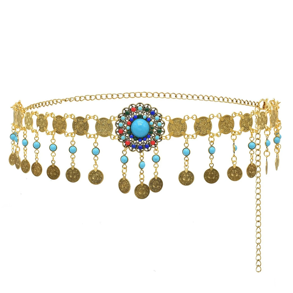 Ethnic fashionable coins with tassels, turquoise retro stone inlay, boho style, ethnic style