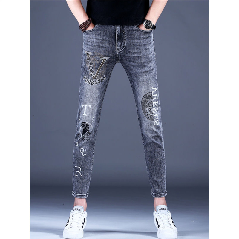 Men's Cropped Jeans with Rhinestone Print, Summer Thin Stretch Slim Fit, High-End Trendy Casual 9/10 Pants