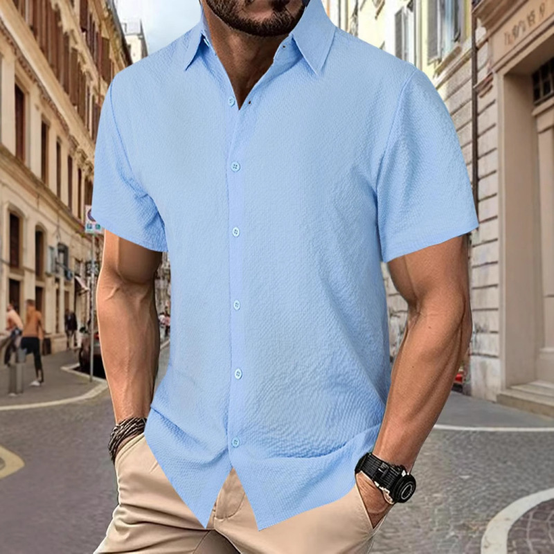 Cross-Border New Amazon Men's Solid Color Loose and Comfortable Short-Sleeved Shirt Pineapple Plaid Shirt Casual Shirt