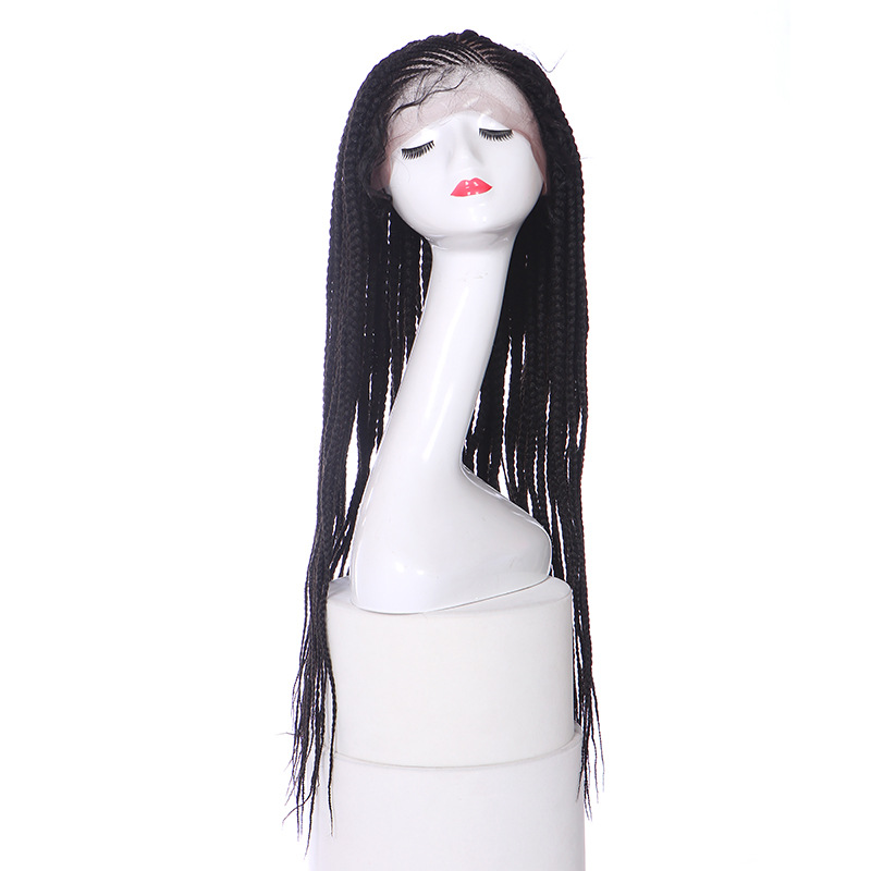 Fábrica de cabello de fibra química de encaje de damas europeas y estadounidenses, pelucas de trenza sucias negras de tres hebras, seda de alta temperatura LW0243