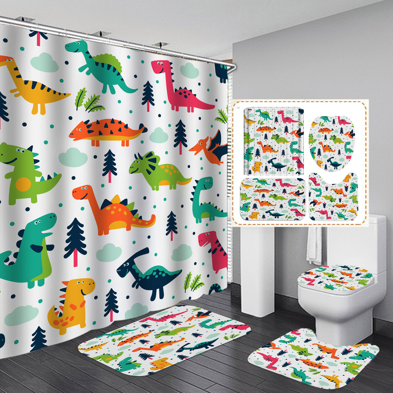 Cortina de ducha de baño de serie de dibujos animados de dinosaurio de impresión digital HD transfronteriza con 12 ganchos de plástico de tipo C