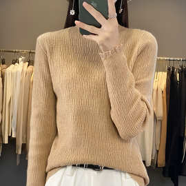 跨境2025秋季新款半高领毛衣女蕾丝打底衫镂空外穿针织衫修身内搭