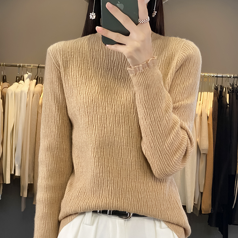 Cross-Border 2025 Autumn New Half-Turtleneck Sweater for Women, Lace Base Shirt, Hollow-Out Outerwear Knitwear, Slim Fit Inner Layer