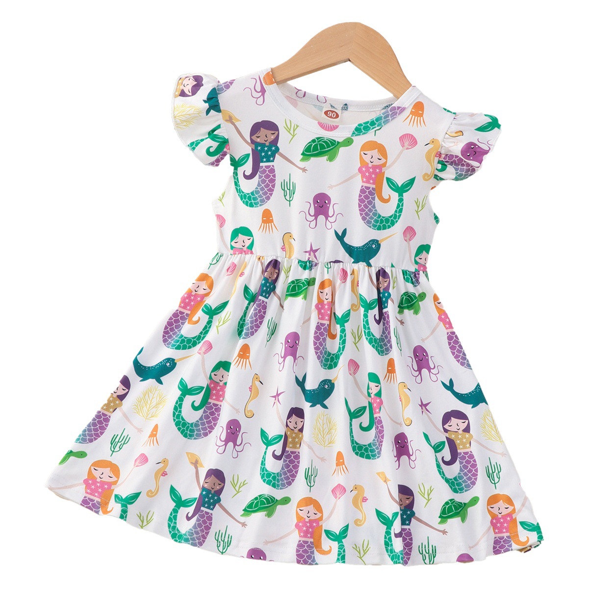 Patrón de la sirena los niños volando mangas transpirable fresco vestido cintura