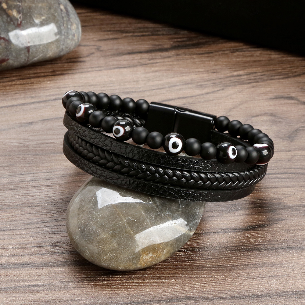 2PCS Glas Teufelsauge Perlen Leder Mehrschichtige Legierung Schnalle Armband Herren Neuer Stil_voghion.com