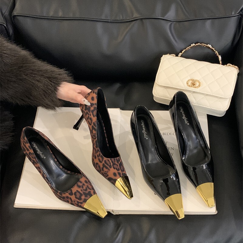 Sheepskin version ~ 2025 European and American spring new leather square stilettos women's leopard print color matching socialite style shoes