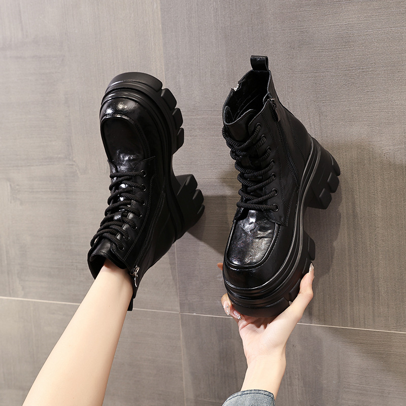 Boot nữ kiểu Anh đế dày nâng chiều cao, cổ ngắn, phong cách retro — Lớp lót nhung đen