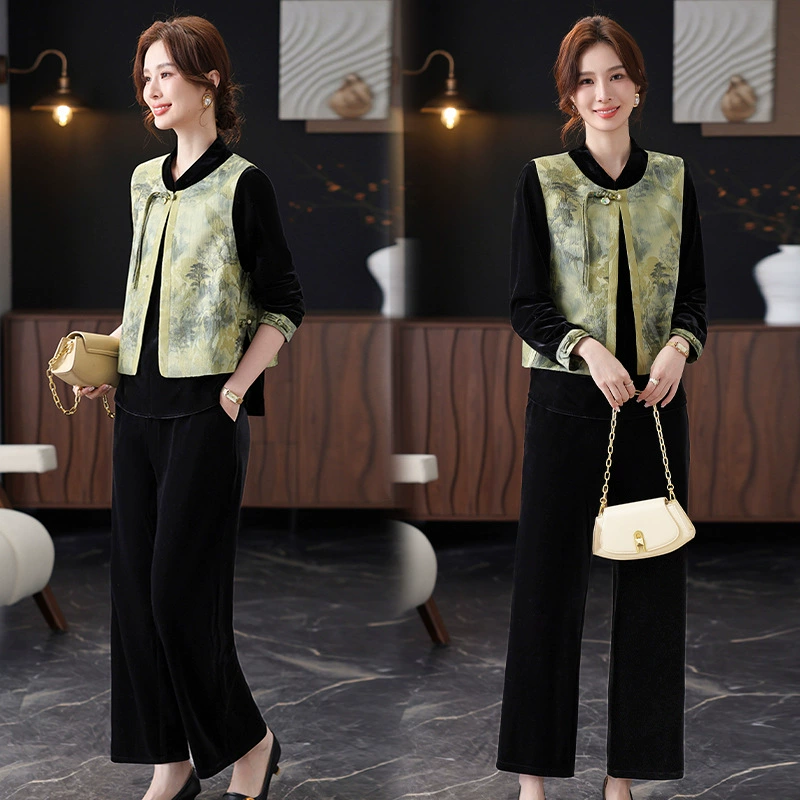 Новый весенне-осенний наряд для мамы в китайском стиле, бархатный костюм в современном китайском стиле для людей среднего и пожилого возраста, весенне-осенний комплект из трех предметов с жилетом 2025 года.