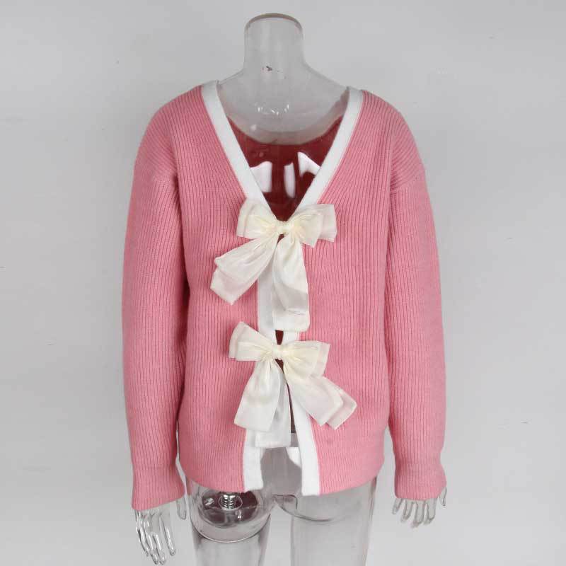 Knitted Jumper For Women With Back Bow Detail Round Neck Pullover_voghion.com