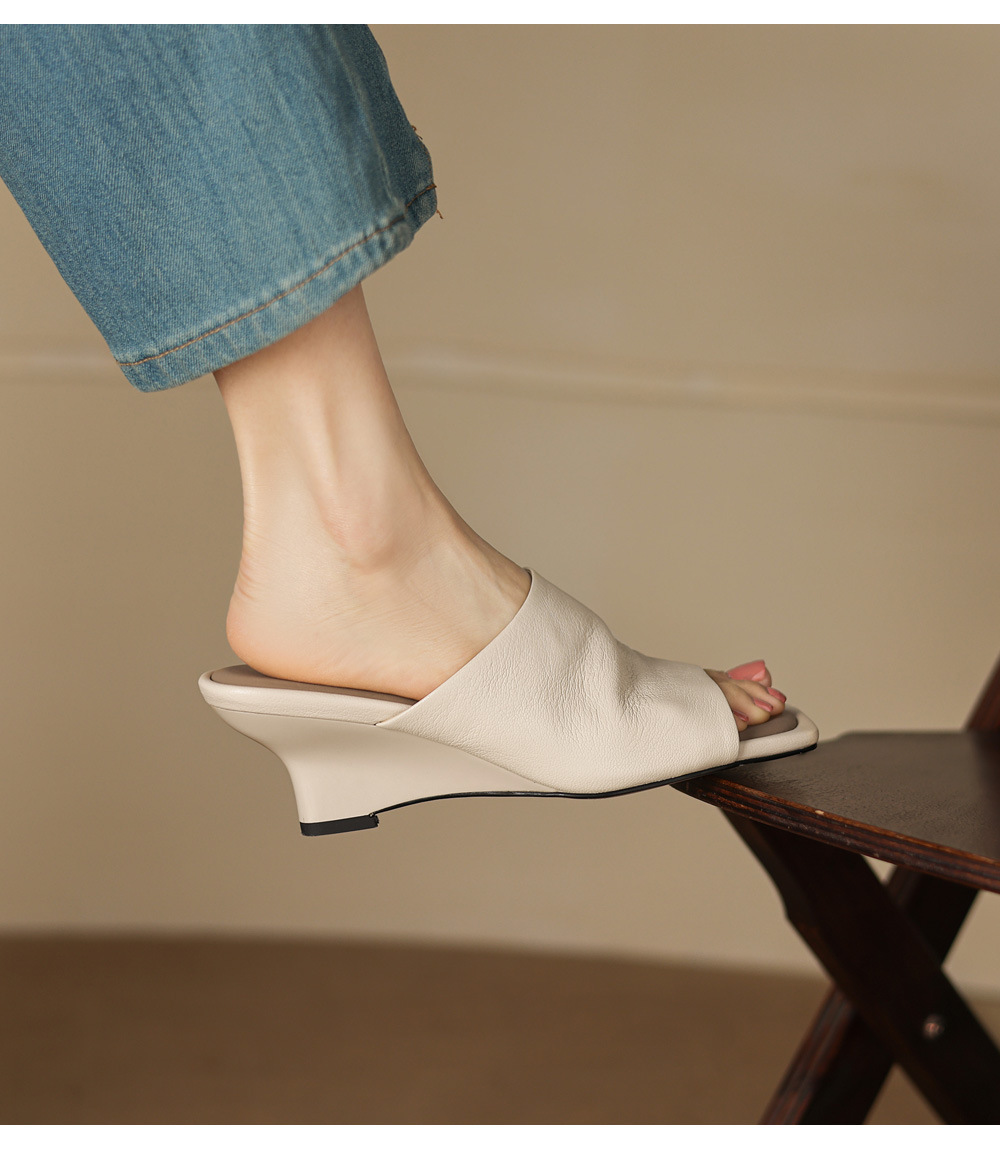 Sandal cao gót nữ mũi hở da cừu siêu mềm, quai ngang, gót xuồng 5 cm, phong cách Pháp — Trà sữa màu, màu trắng ngà chi tiết 10