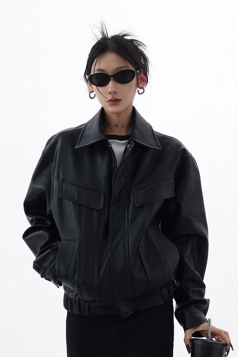 American Retro Short Loose Motorcycle Jacket Plus Velvet Leather Jacket for Women 2025 Autumn and Winter New High Street Black Jacket