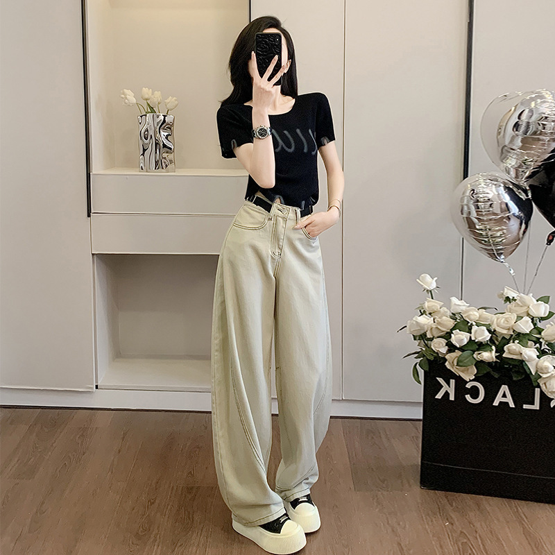 Korean Style Trendy Brand Fashion Casual Loose Jeans Summer New Age-reducing Slim-fit Top Wide-leg Pants Two-piece Trendy