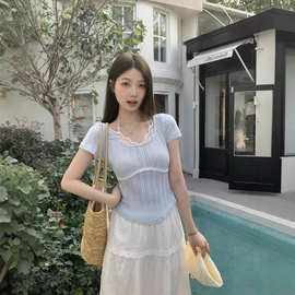 大码女装夏季蕾丝短袖上衣女新款时尚针织气质T恤