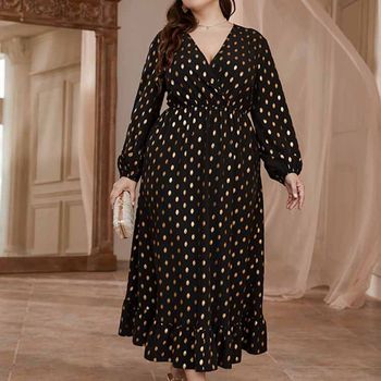2022 high waist black polka dot new spot Amazon cross border Middle East large size elastic waist print dress women