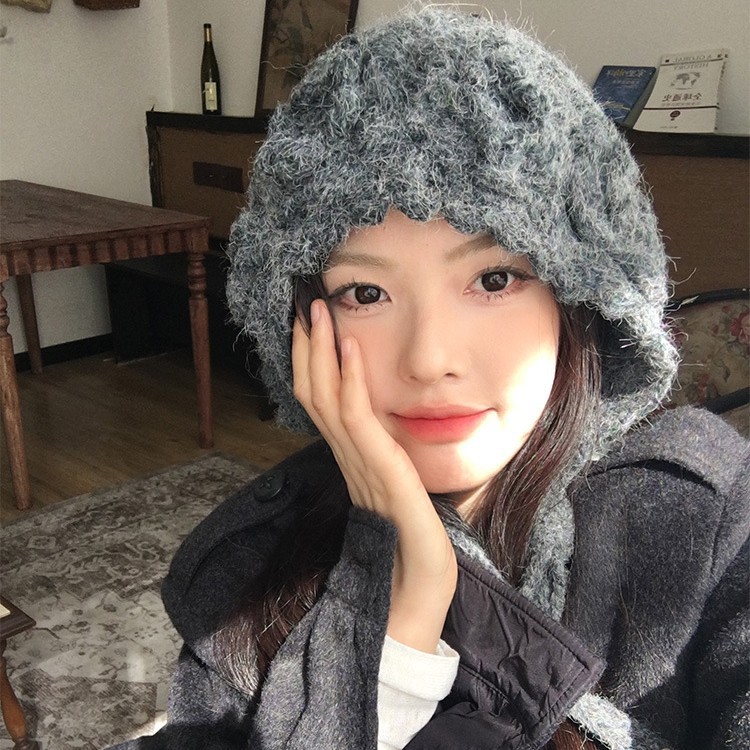复古立体花朵手工针织帽女秋冬显脸小珍珠流苏毛线帽保暖包头帽子|undefined
