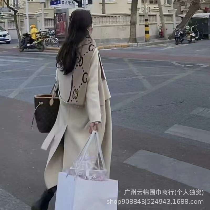 秋冬新款双面拼色g家围巾女羊毛大字母提花咖色羊绒围脖大牌两用|undefined
